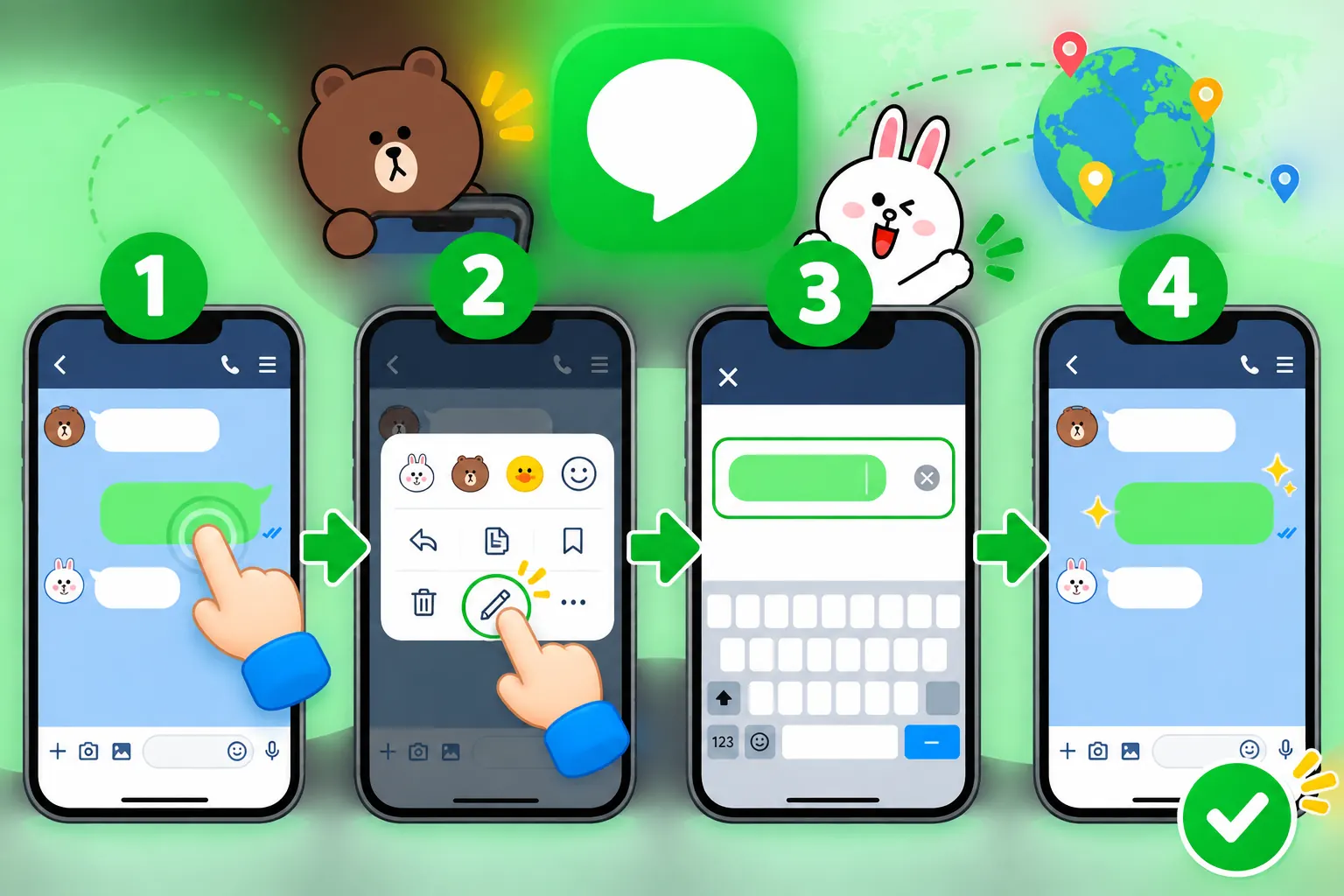 LINE消息编辑的四步操作示意图